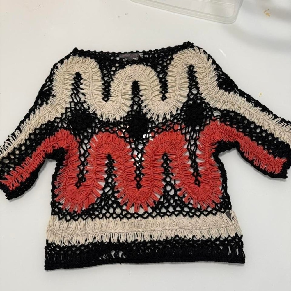 Merrid Crochet Top — Black / Cream / Red — Open Weave — Festival Boho — Size L‎